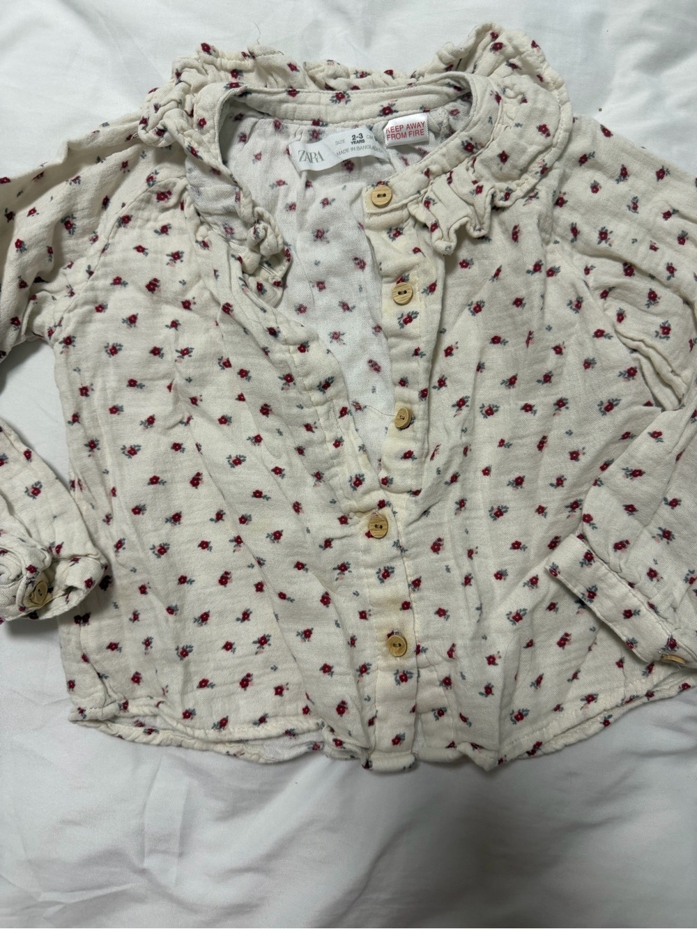 Zara Kids Cream Button-Down Top with Red Floral Dots